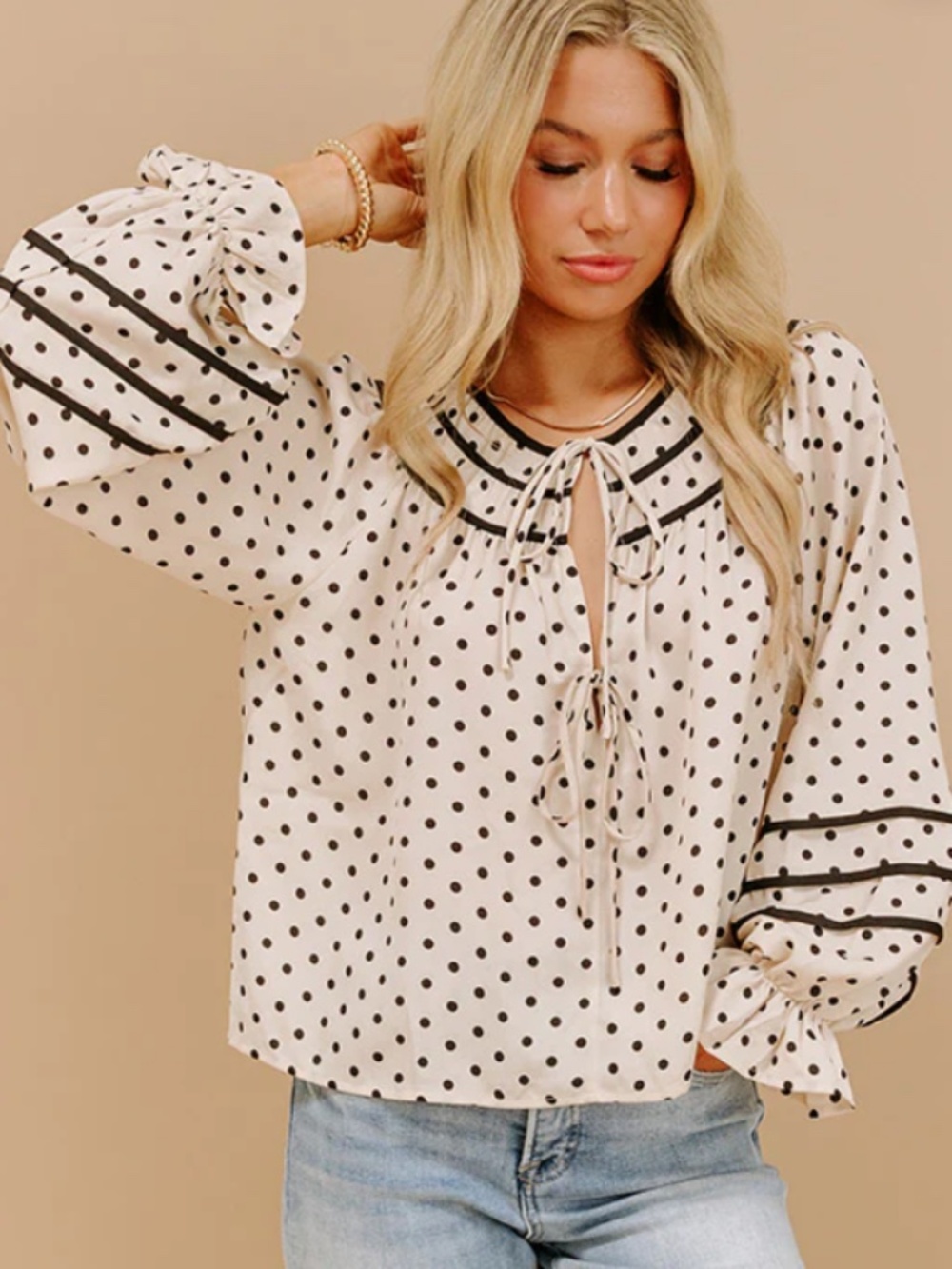 Romantic Polka Dot Ruffle Collar Blouse Puff Sleeve Tie Front Cottage Large